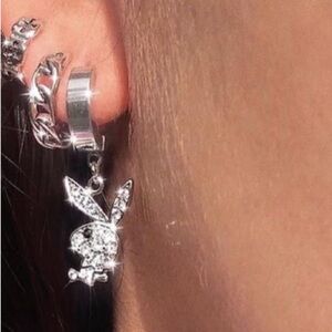 NEW PLAYBOY Huggie Hoop Drop Earrings Playboy Bunny Silver w/ Rhinestones